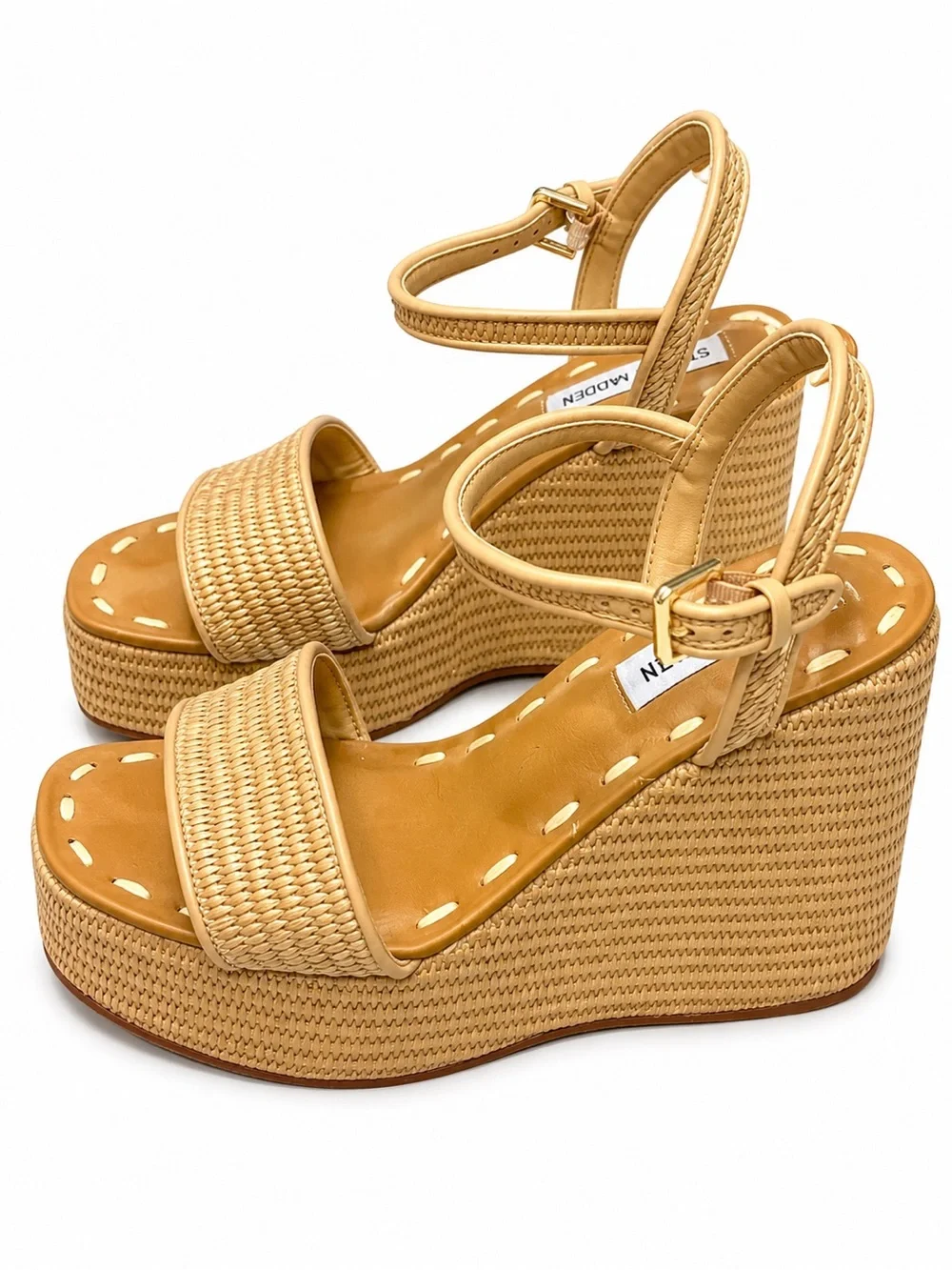 Steve Madden Tan Woven Platform Wedge Sandals with Ankle Strap